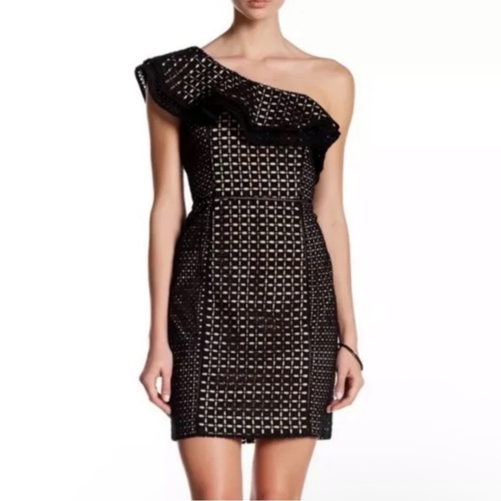 J. Crew Black Eyelet Crochet Lace One Shoulder Dress Formal Ruffle 8 Wedding Mod
